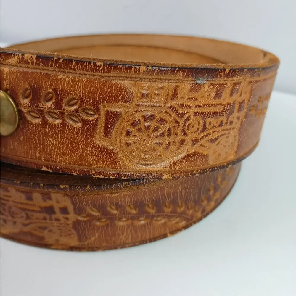 Men's SZ 36 Handcrafted Tooled Genuine Leather Belt Leaf Vines Farm Tractors 1